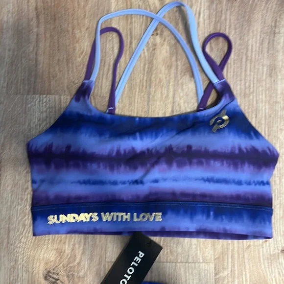 Peloton SWL Ally Love Purple Tie Die Stripe Cadent Strappy Bra & 7” Bike Short
